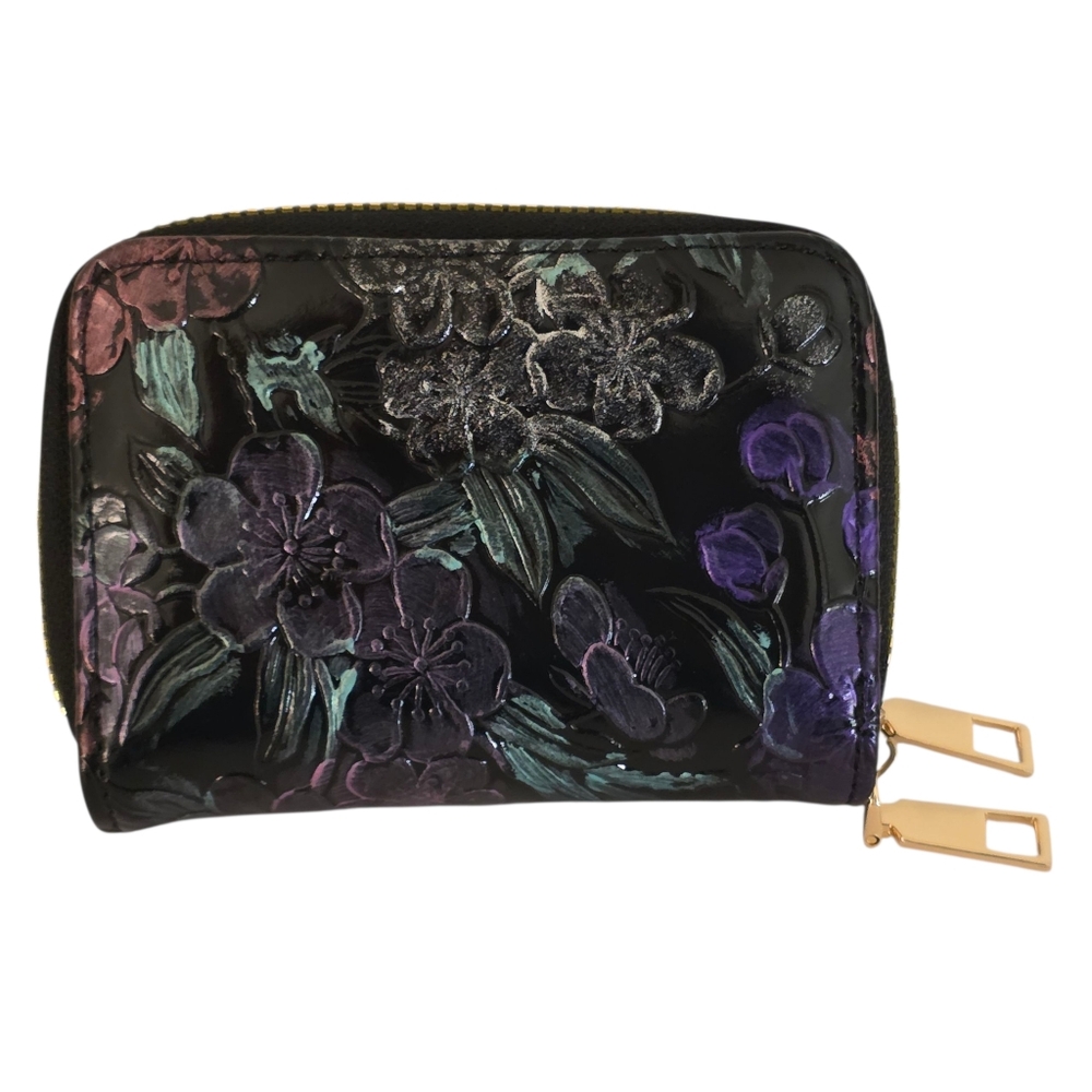 Small Black Wallet Faux Leather Accordion Card Case Metallic Floral Double Zip - Picture 3 of 6